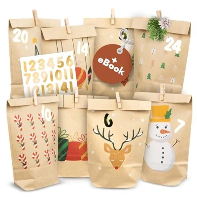 Image of Amari ® Advent calendar to fill Snowman 24 bags diy (with wooden clips) Paper with numbers sticker Christmas parcel stick on yourself