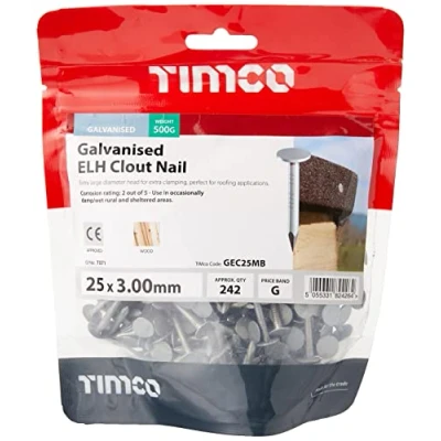 Image of TimCo GEC25MB Galvanized ELH Clout Nails 25 x 3.00 (0.5kg Bag), Silver