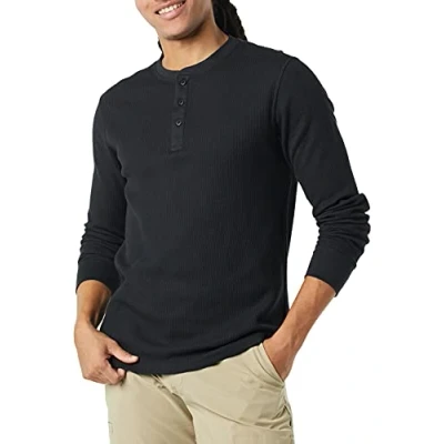 Image of Amazon Essentials Men&#039;s Regular Fit Long Sleeve Waffle Henley Shirt, Black, S