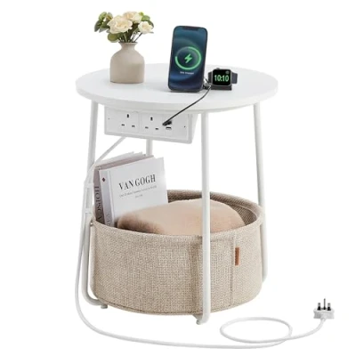 Image of VASAGLE Side Table with Charging Station, Round End Power Outlets, USB Ports, Fabric Basket, Living Room, Bedroom, Bedside Table, Modern, Matte White and Camel Brown LET228W03