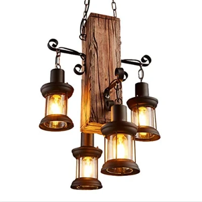 Image of Rustic Pendant Light Vintage Bar Hanging Retro Living Room Wood Metal Lamp E27 Adjustable Height Industrial Dining Ceiling Chandelier, 4*E27