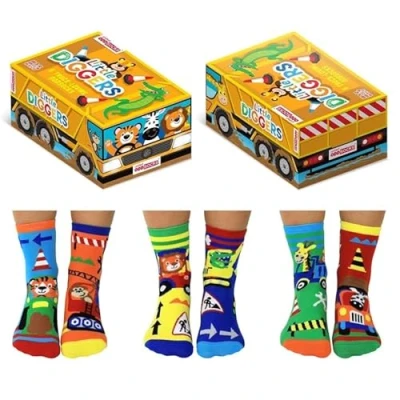 Image of United Oddsocks Pack of 6 Mix &amp; Match Kids Socks, Novelty Socks for 4 years old, Size UK 9 12 (EU 27 30) (UK, Age, One Size, Little Digger)