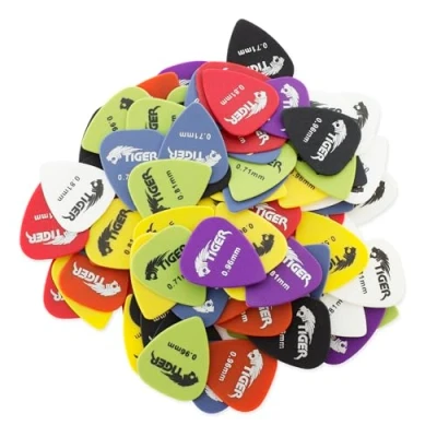 Image of TIGER AP100A Pack of 100 Guitar Picks Plectrums for Acoustic/Classical/Electric/Bass Variety Gauges Light/Medium/Heavy 0.58mm / 0.71mm 0.81mm 0.96mm Assorted Colours