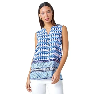 Image of Roman Originals Sleeveless Shirt for Women UK Ladies Blouse Top Button Through Summer Smart Casual Work Cocktail Party Office Holiday Special Occassion Evening Going Out Blue White Pink Size 10