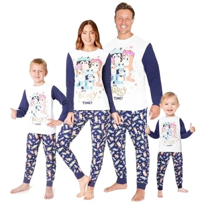 Image of Bluey Christmas Matching Family Pyjamas Xmas PJs for Women, Men, Teens, Kids Lounge Wear Sets (White/Blue Kids, 3 4 Years)