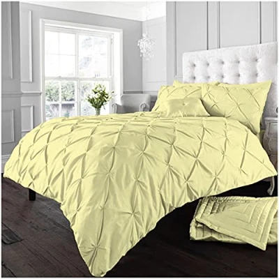 Image of GC GAVENO CAVAILIA Pinch Pleat Duvet Cover Sets, Pintuck Bedding Set With Matching Pillowcases, Super King Bed Yellow