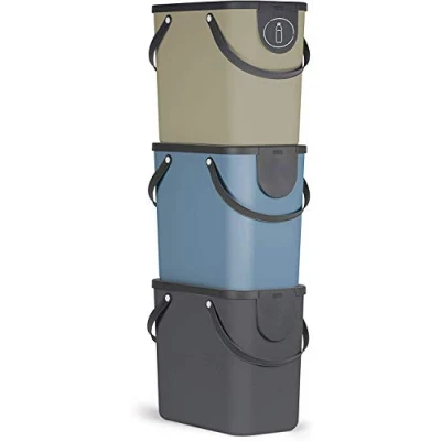 Image of Rotho Albula Set of 3 Waste Separation System 25 L for The Kitchen, Plastic (PP) BPA free, Anthracite/Blue/Cappuccino, x (40,0 23,5 34,0 cm)