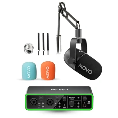 Image of Movo Music Audio Interface Bundle Phantom USB Interface, CastMic XLR Dynamic Microphone, and Boom Arm Professional Studio Equipment for Musicians, Singers, Producers