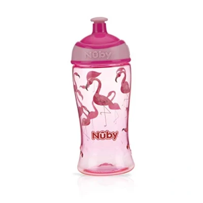 Image of Nuby Thirsty Kids Tritanfree Flow Pop Up Super Slurp Water Bottle, Flamingo, 1 Pack, 12 Oz