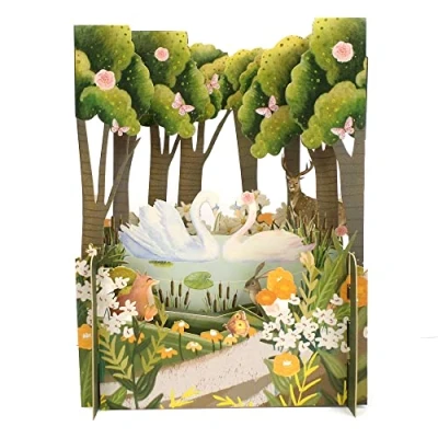 Image of 3 D Laser Cut Pop Up Greeting Card Swans in the jungle