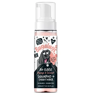 Image of Bugalugs No Rinse Papaya &amp; Coconut dog shampoo Luxury 2 in 1 Dry conditioner odour eliminator natural with perfume quick shower for pets
