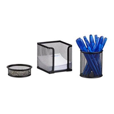 Image of Relaxdays 3 Piece Metal Stationery Desk Organizer, Mesh, Note Box, Pen Holder and Paperclip Tray, Black