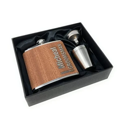 Image of Personalised Rutherfords Gifts Wood Wrap 6oz Hip Flask Engraved Best Man Groomsman Father of The Bride Wedding Gift