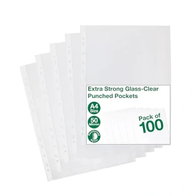 Image of SUMMIT Punched Pockets A4, Heavy Duty 50 Micron, Glass Clear, 100 Poly