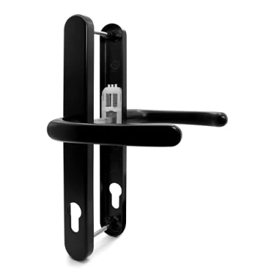Image of TSS Black UPVC Door Handle Pair Set, 92mm PZ (Centres), Sprung, Lever Lever, 240mm Screw to (Screw centres), Backplate 270mm x 32mm Replacement PVC in