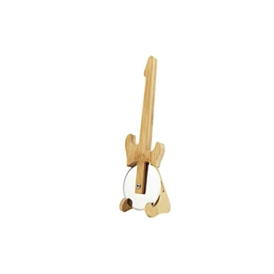 Image of Winkee Rocks Guitar Pizza Cutter The Cool for Rock Stars Roller Made of Stainless Steel &amp; Wood Dressmaking Look Gift Musicians Christmas, Birthday