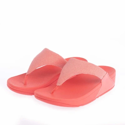 Image of Fitflop Womenss Fit Flop Lulu Shimmerlux Toe Post Sandals in Coral Textile Size UK 5
