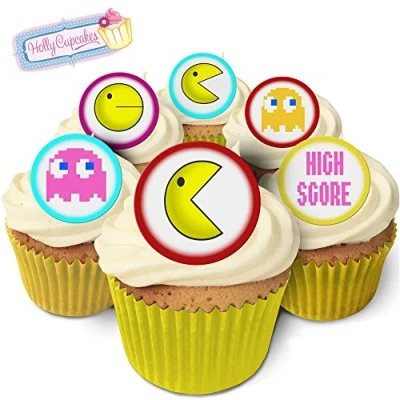 Image of 24 Fabulous Edible Pre Cut Wafer Cake Toppers: Pac Man