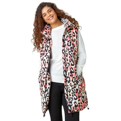 Image of Roman Originals Quilted Gilet with Hood for Women UK Ladies Sleeveless Coat Hooded Jacket Padded Bodywarmer Winter Lightweight Warm Autumn Funnel Neck Longline Soft Bubbly Coral Size 12
