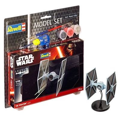 Image of Revell Model Set 63605 Star Wars TIE Fighter 1:110 Scale Unbuilt/Unpainted Plastic Kit with Contacta Professional Glue, Paintbrush &amp; Selected Aqua Color Paints