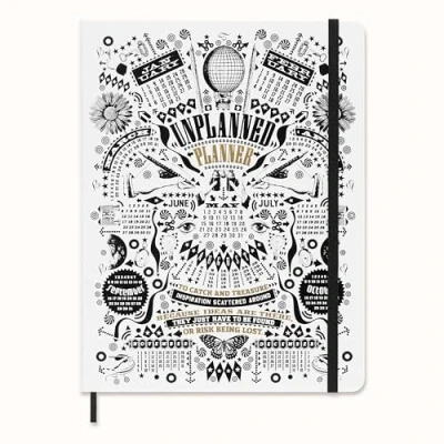 Image of Moleskine x Lorenzo Petrantoni Unplanned Planner, Limited Edition Hard Cover and Elastic Closure Weekly Notebook, Size Extra Large 19x26 cm, White
