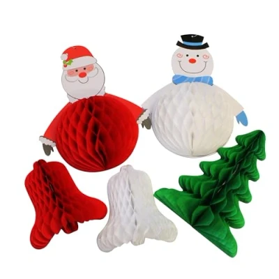 Image of Bright Ideas Retro Christmas Hanging Honeycomb Decorations. PK05 Festive Shapes in 4 Assorted Designs. Santa, Snowman, Tree and Bells. BI2077.