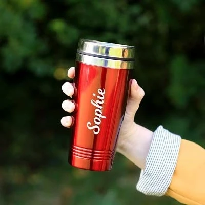 Image of eBuyGB Personalised Travel Mug, Double Walled 450ml Reusable Drinks Flask, Insulated Cup, Stainless Steel Coffee Cup (Red)