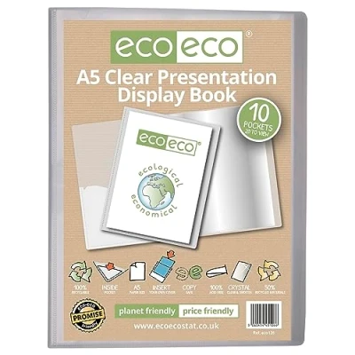 Image of eco A5 Size 50 Percent Recycled 10 Pocket Clear Presentation Display Book, Storage Case Portfolio Art Folder with Plastic Sleeves, eco126