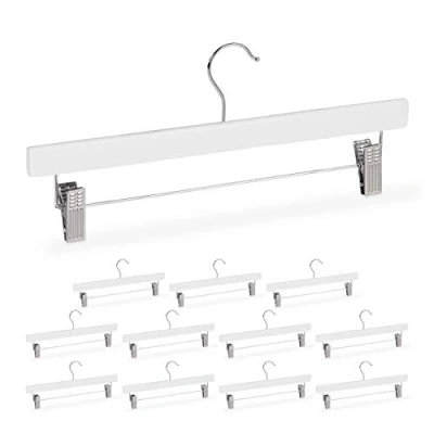 Image of Relaxdays Wooden Pants Hangers Set of 12, Adjustable Coated Clamps, 360 Swivel Hooks, 35.5 cm Wide, White