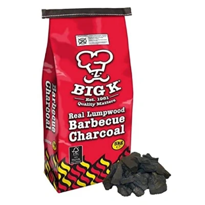 Image of Topline Big K BBQ Grill Charcoal Bulk Real Lumpwood 5kg Bag &amp; 300g Woodies Wood Wool Natural Firelighters with Card for Outdoor Barbeque, Fire Pit, Camping BBQs Black (N11)