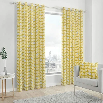 Image of Fusion Delft Leaf Print 100% Cotton Eyelet Lined Curtains, Ochre, 90 x 72 Inch, Polyester, W229cm (90&quot;) D183cm (72&quot;)