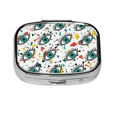 Image of Mini Square Pill Box, Medicine Organiser, Evil Eyes Portable First Aid Travelling Box with 2 Compartments, Small for Pocket Or Purse