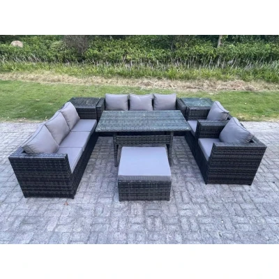 Image of 9 Seater Outdoor Wicker Garden Furniture Rattan Lounge Sofa Set Patio Rectangular Dining Table with 2 Armchair Side Stool Dark Grey Mixed