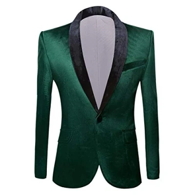 Image of PYJTRL Mens Fashion Velvet Suit Jacket Slim Fit Blazers (Green, 36)