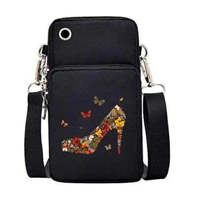 Image of FINDING CASE Butterfly Printed Women Girls men Zipper Waterproof Nylon 3 Layers Crossbody Bags Wallet Cellphone Purse Shoulder Bag Wristlet Handbags Adjustable Strap (Butterfly Heel)