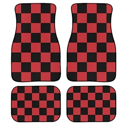 Image of Checkered Car Floor Mats Set of 4,Geometric Plaid Pattern Black and Red Vehicle Front Rear Carpets Universal Rugs Non Slip Auto Decor Accessories for SUV Van Truck