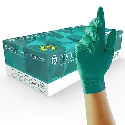 Image of Unigloves PRO.TECT Green HD Nitrile Disposable Gloves Ultra Heavy Duty, Single Use, Multipurpose, Powder Free, Box of 100 Gloves, Size Small (GA0082)