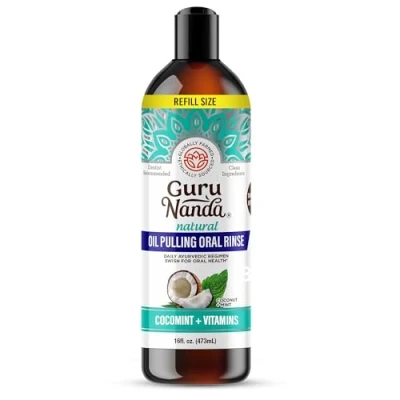 Image of GuruNanda Coconut Oil Pulling, Fresh Breath &amp; Whitening Mouthwash, 7 Essential Oils Vitamins for Happy Teeth Gums, Alcohol Free, 473 ml