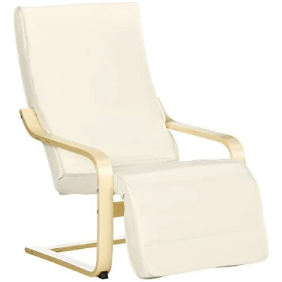 Image of HOMCOM Wooden Lounging Chair Deck Relaxing Recliner Lounge Seat with Adjustable Footrest &amp; Removable Cushion, Cream White