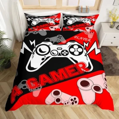 Image of Gamer Duvet Cover For Boys&amp;girls Double,Gaming Bedding Set Kids Teens Youth Room Decor Video Game Comforter Cover,Reversible Red Black Gamepad Quilt Aesthetic Bed 2 Pillow Cases