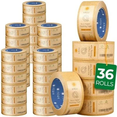Image of Koju Kraft Paper Packing Tape 48mm x 50m 36 pack Eco Friendly &amp; Recyclable Brown for Parcel Picture Framing