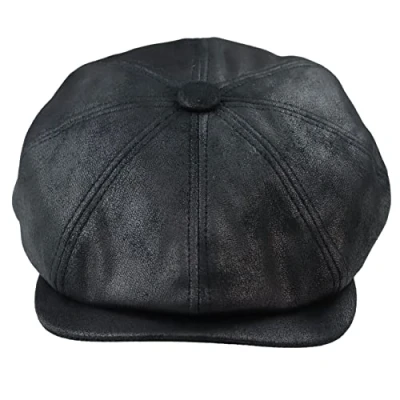 Image of TruClothing Mens 8 Panel Razor Baker Boy Hat PU Leather Blinders Newsboy Flat Cap Black Brown L/XL