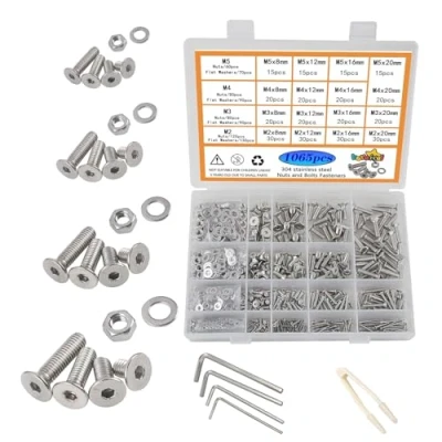 Image of huruirui M2 M3 M4 M5 Nuts and Bolts Washers Assorted Set,1065pcs Hex Socket Head Cap Screws 304 Stainless Steel Kit, Thread Machine Bolt Set Fastener Repair Tools Assortment Kit