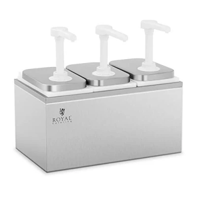 Image of Royal Catering Stainless Steel Condiment Dispenser Sauce Pump Takeaway 3 Pumps 3x2L RCDI 6L (Stainless Steel, Polypropylene, Total Vol. 6L, Dispenser)