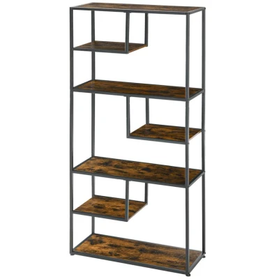 Image of HOMCOM 7 Tier Ladder Shelf, Industrial Book Metal Shelving Unit for Living Room, Study, Bedroom, Rustic Brown