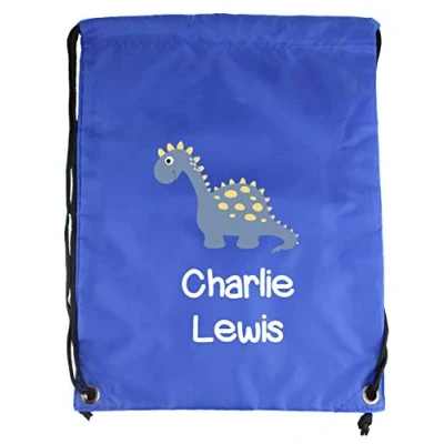 Image of Personalised Dinosaur School Sports PE Drawstring Gym Bag (Blue)