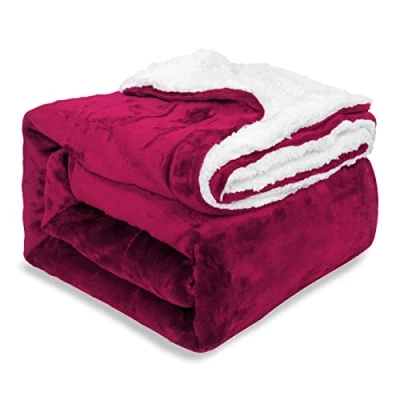 Image of EHC Sherpa Flannel Fleece Throw Blanket Fluffy Soft Thick Microfiber Solid Warm Blankets for Bed and Couch, Wine, Double, 150 cm x 200