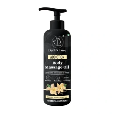 Image of Dude&#039;s Love Vanilla Edible Body Massage Oil Attraction, Confidence &amp; No Stain Non Sticky Aromatherapy with Jasmin Essential 250 ML