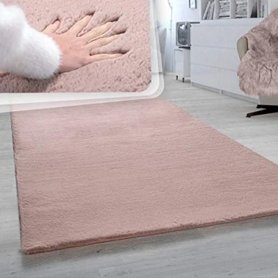 Image of Paco Home High Pile Rug Living Room Faux Fur Super Soft Rabbit In Pink, Size:160x230 cm