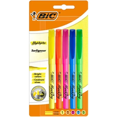 Image of BIC Highlighter Pen, Highlighters Set Ideal for Home, Office and School, Assorted Colours, Pack of 5
